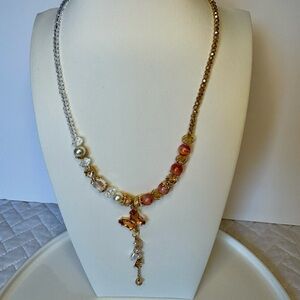 Freshwater Pearls and Crystal Beads Butterfly Charm Necklace